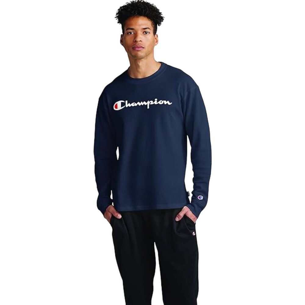 champions mens tee shirt size XL blue color long sleeve round neck logo nwot - Picture 2 of 7